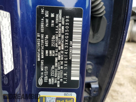 2019 Kia Optima LX with VIN 5XXGT4L3XKG350398, listed as a Copart auction lot 44720695 with 61,361 mi miles and Salvage Title. Bid and sale history available at carsss.com. Image 12.