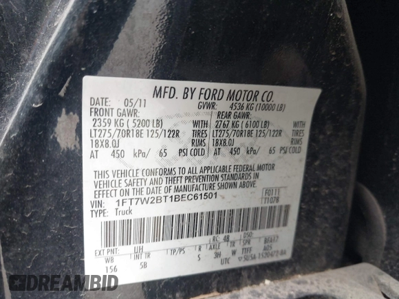2011 Ford F-250 XL with VIN 1FT7W2BT1BEC61501, listed as a IAAI auction lot 42093335 with 228,014 mi miles and . Bid and sale history available at DreamBid. Image 9.