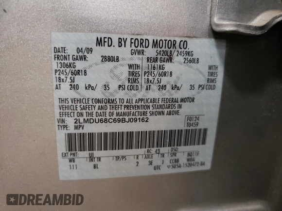 2009 Lincoln MKX with VIN 2LMDU68C69BJ09162, listed as a Copart auction lot 89259625 with 124,908 mi miles and Salvage Title. Bid and sale history available at DreamBid. Image 13.