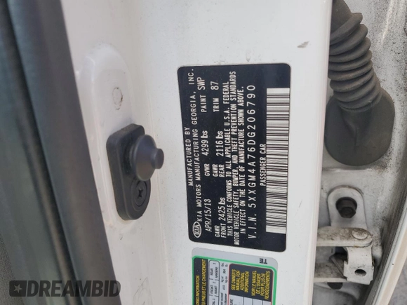 2013 Kia Optima LX z VIN 5XXGM4A76DG206790, wystawiony jako Copart lot #54222565 z przebiegiem 133 077 mil mil oraz Szkoda całkowita • Salvage title. Historia ofert i sprzedaży dostępna na DreamBid. Obrazek 12.