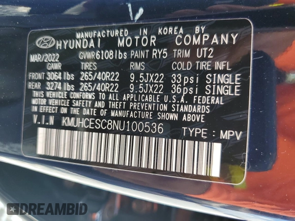 2022 Genesis GV80 with VIN KMUHCESC8NU100536, listed as a Copart auction lot 56201335 with 23,427 mi miles and Salvage title. Bid and sale history available at DreamBid. Image 14.