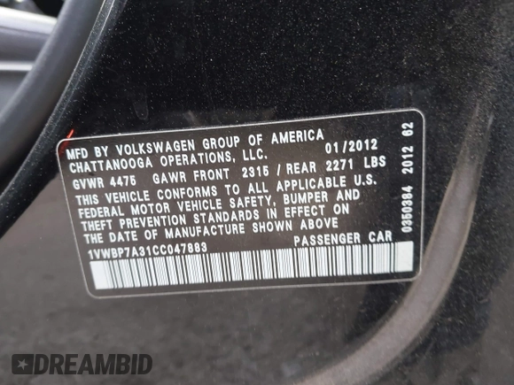 2012 Volkswagen Passat SE with VIN 1VWBP7A31CC047883, listed as a IAAI auction lot 42130138 with 142,017 mi miles. Bid and sale history available at carsss.com. Image 9.