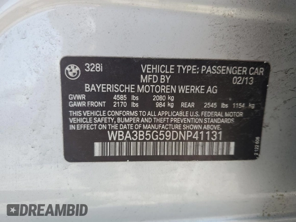 2013 BMW 3 Series 328i xDrive with VIN WBA3B5G59DNP41131, listed as a Copart auction lot 51604715 with 0 mi miles and Clean Title. Bid and sale history available at carsss.com. Image 12.