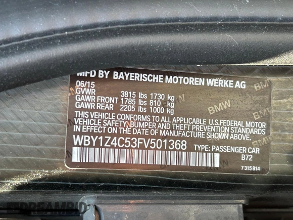 2015 BMW i3 with VIN WBY1Z4C53FV501368, listed as a Copart auction lot 62716005 with 121,929 mi miles and Clean title. Bid and sale history available at DreamBid. Image 10.