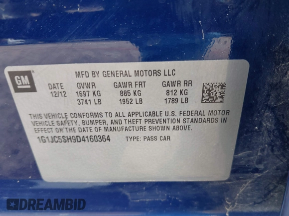 2013 Chevrolet Sonic LT with VIN 1G1JC5SH9D4160364, listed as a IAAI auction lot 42063359 with 111,222 mi miles and . Bid and sale history available at DreamBid. Image 9.