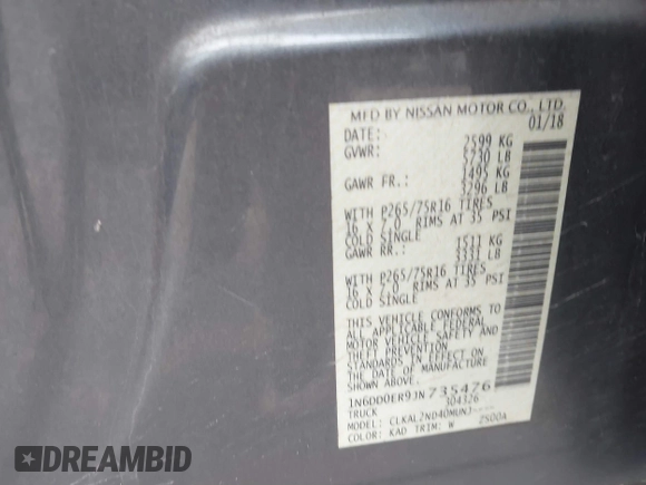 2018 Nissan Frontier Desert Runner with VIN 1N6DD0ER9JN735476, listed as a IAAI auction lot 41829197 with 113,274 mi miles and . Bid and sale history available at DreamBid. Image 9.