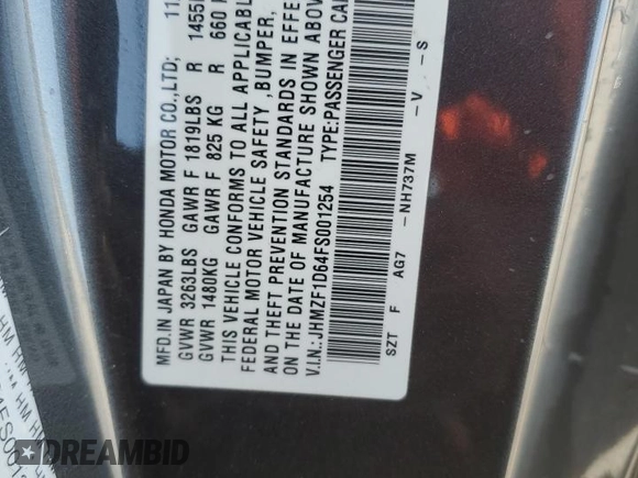 2015 Honda CR-Z EX with VIN JHMZF1D64FS001254, listed as a Copart auction lot 53082825 with 57,910 mi miles and Salvage title. Bid and sale history available at DreamBid. Image 12.