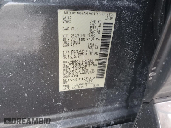 2020 Nissan Murano S with VIN 5N1AZ2AS1LN120818, listed as a Copart auction lot 42164945 with Not Provided miles and Salvage Title. Bid and sale history available at DreamBid. Image 14.