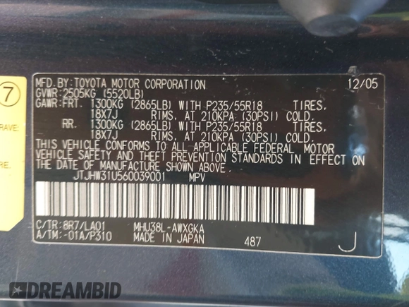 2006 Lexus RX 400h with VIN JTJHW31U560039001, listed as a IAAI auction lot 42233789 with 262,828 mi miles and . Bid and sale history available at DreamBid. Image 9.