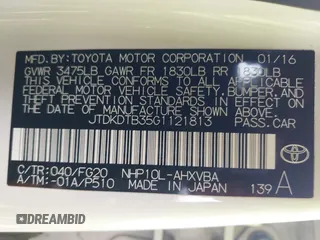 2016 Toyota Prius One with VIN JTDKDTB35G1121813, listed as a IAAI auction lot 42054089 with 62,980 mi miles and . Bid and sale history available at DreamBid. Image 9.