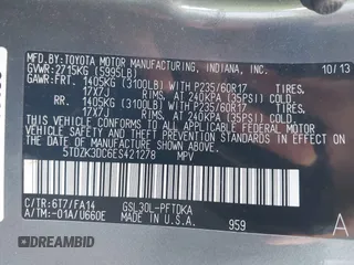 2014 Toyota Sienna L with VIN 5TDZK3DC6ES421278, listed as a IAAI auction lot 41178679 with 202,823 mi miles. Bid and sale history available at carsss.com. Image 9.