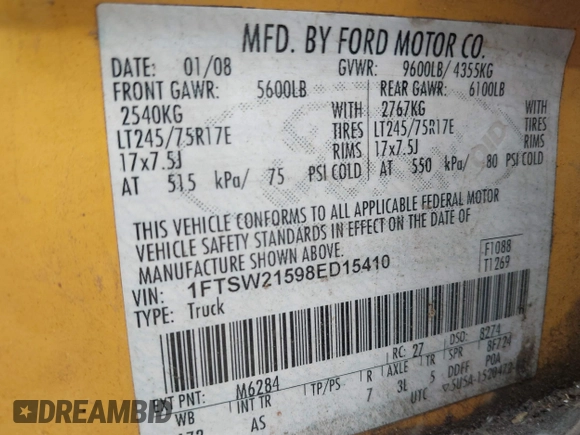 2008 Ford F-250 XL with VIN 1FTSW21598ED15410, listed as a IAAI auction lot 39429781 with 322,770 mi miles and . Bid and sale history available at DreamBid. Image 9.