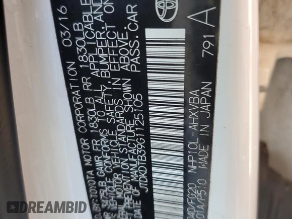 2016 Toyota Prius One with VIN JTDKDTB39G1125105, listed as a Copart auction lot 52136695 with 83,641 mi miles and Clean Title. Bid and sale history available at carsss.com. Image 12.