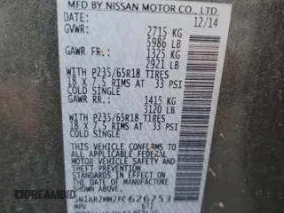 2015 Nissan Pathfinder SL with VIN 5N1AR2MM2FC626753, listed as a Copart auction lot 58990055 with Not provided miles and Salvage title. Bid and sale history available at DreamBid. Image 12.
