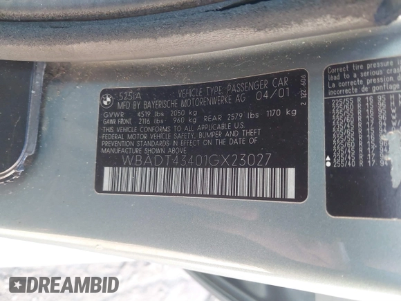 2001 BMW 5 Series 525i with VIN WBADT43401GX23027, listed as a IAAI auction lot 41488393 with 200,960 mi miles and . Bid and sale history available at DreamBid. Image 8.