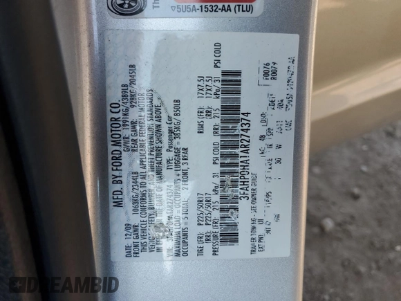 2010 Ford Fusion SE with VIN 3FAHP0HA1AR274374, listed as a Copart auction lot 53379395 with 79,735 mi miles and Clean Title. Bid and sale history available at carsss.com. Image 15.