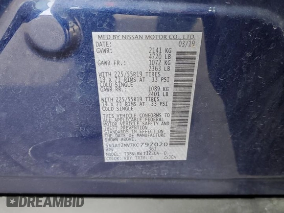2019 Nissan Rogue SL with VIN 5N1AT2MV7KC797020, listed as a Copart auction lot 49882205 with 28,916 mi miles and Salvage Title. Bid and sale history available at carsss.com. Image 14.