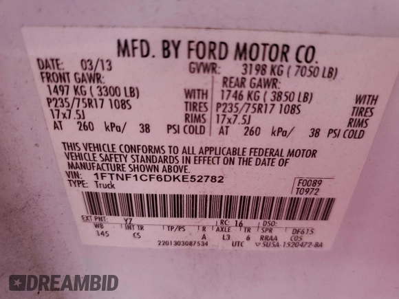 2013 Ford F-150 XL with VIN 1FTNF1CF6DKE52782, listed as a IAAI auction lot 42731656 with 170,900 mi miles and . Bid and sale history available at DreamBid. Image 26.