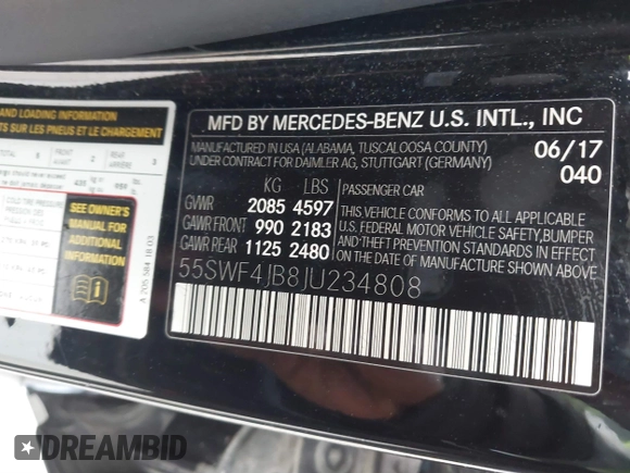 2018 Mercedes-Benz C 300 with VIN 55SWF4JB8JU234808, listed as a IAAI auction lot 41869594 with 220,883 mi miles and . Bid and sale history available at carsss.com. Image 9.