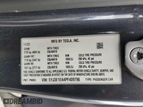 2023 Tesla Model 3 с VIN 5YJ3E1EA4PF409796, выставлен на аукционе Copart как лот 54202465 с пробегом 45 275 миль миль и Списание • Salvage title. История ставок и продаж доступна на DreamBid. Изображение 12.