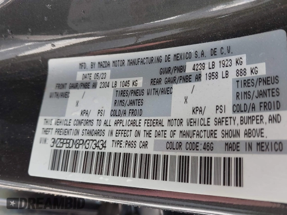 2023 Mazda 3 S Premium with VIN 3MZBPBDM8PM373434, listed as a IAAI auction lot 41234729 with 9,387 mi miles and . Bid and sale history available at DreamBid. Image 9.