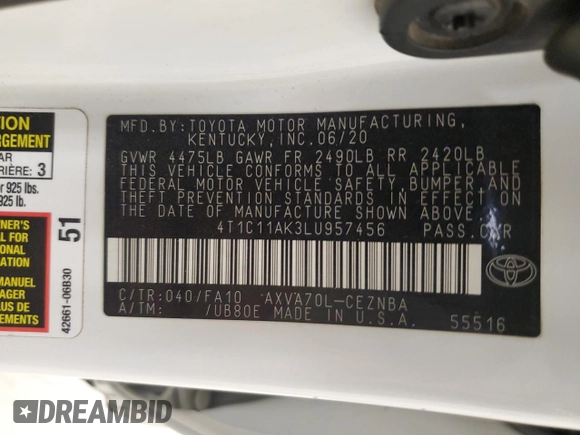 2020 Toyota Camry LE with VIN 4T1C11AK3LU957456, listed as a Copart auction lot 47795625 with 156,881 mi miles and Salvage Title. Bid and sale history available at DreamBid. Image 12.