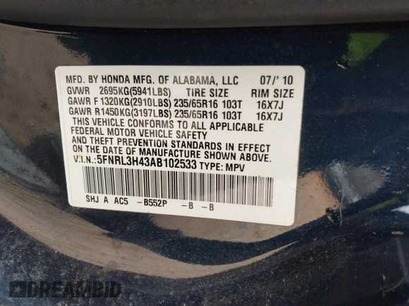 2010 Honda Odyssey EX with VIN 5FNRL3H43AB102533, listed as a IAAI auction lot 41790328 with 133,720 mi miles and . Bid and sale history available at DreamBid. Image 9.