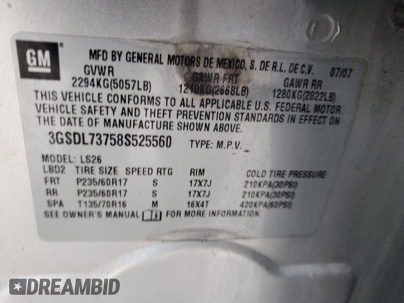 2008 Saturn VUE XR with VIN 3GSDL73758S525560, listed as a Copart auction lot 50168955 with 177,839 mi miles and Salvage Title. Bid and sale history available at carsss.com. Image 13.