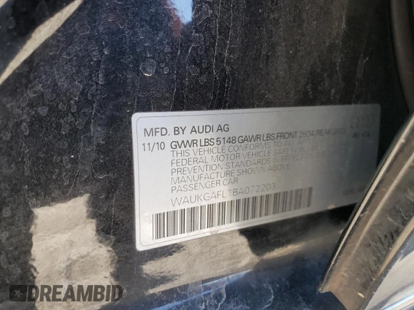 2011 Audi S4 Prestige with VIN WAUKGAFL1BA072203, listed as a Copart auction lot 42755405 with 127,726 mi miles and Salvage Title. Bid and sale history available at carsss.com. Image 12.