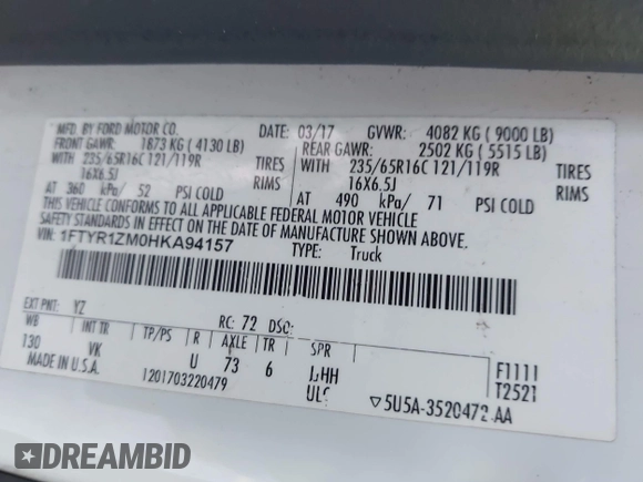 2017 Ford Transit with VIN 1FTYR1ZM0HKA94157, listed as a IAAI auction lot 41934912 with 114,777 mi miles and . Bid and sale history available at DreamBid. Image 9.