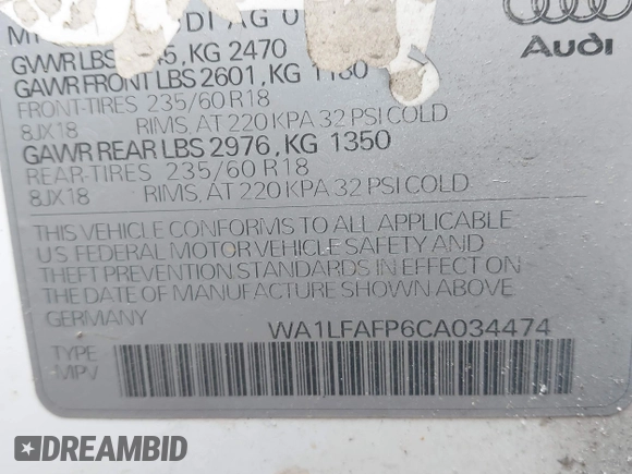 2012 Audi Q5 Premium Plus с VIN WA1LFAFP6CA034474, выставлен на аукционе IAAI как лот 42659424 с пробегом 163 952 миль миль и . История ставок и продаж доступна на DreamBid. Изображение 9.