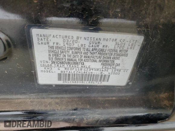 2020 Nissan Versa S with VIN 3N1CN8DV8LL886713, listed as a Copart auction lot 53907045 with 124,968 mi miles and Clean Title. Bid and sale history available at DreamBid. Image 12.