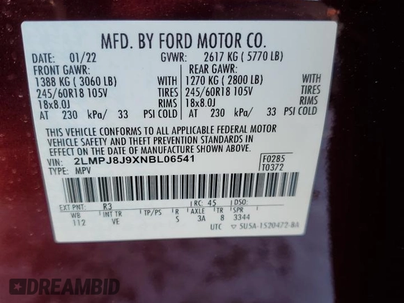 2022 Lincoln Nautilus Standard z VIN 2LMPJ8J9XNBL06541, wystawiony jako Copart lot #42010685 z przebiegiem 26 865 mil mil oraz Szkoda całkowita • Salvage title. Historia ofert i sprzedaży dostępna na DreamBid. Obrazek 13.
