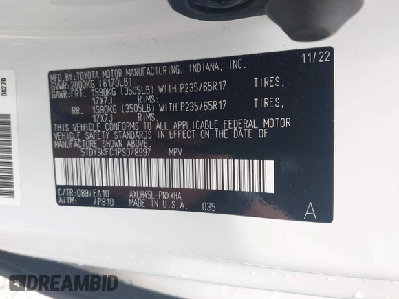 2023 Toyota Sienna XLE with VIN 5TDYSKFC1PS078997, listed as a IAAI auction lot 42435311 with 53,987 mi miles and . Bid and sale history available at DreamBid. Image 9.