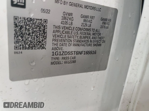 2022 Chevrolet Malibu LT with VIN 1G1ZD5ST6NF165516, listed as a Copart auction lot 51117245 with Not Provided miles and Salvage Title. Bid and sale history available at DreamBid. Image 13.