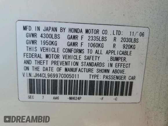 2007 Acura TSX Navi with VIN JH4CL96997C005011, listed as a Copart auction lot 55356875 with 274,548 mi miles and Salvage title. Bid and sale history available at DreamBid. Image 12.