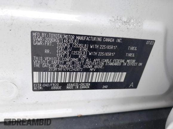 2023 Toyota RAV4 LE z VIN 2T3H1RFV7PC240872, wystawiony jako IAAI lot #42822151 z przebiegiem 18 185 mil mil oraz . Historia ofert i sprzedaży dostępna na DreamBid. Obrazek 9.