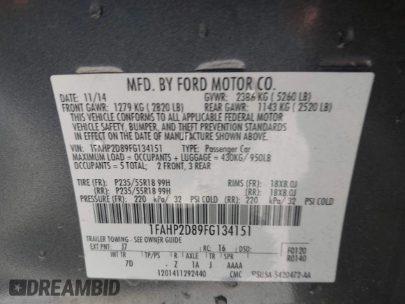 2015 Ford Taurus SE with VIN 1FAHP2D89FG134151, listed as a IAAI auction lot 41750681 with 102,348 mi miles and . Bid and sale history available at carsss.com. Image 9.