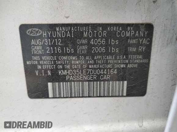 2013 Hyundai Elantra with VIN KMHD35LE7DU044164, listed as a Copart auction lot 57356575 with 127,988 mi miles and Clean title. Bid and sale history available at DreamBid. Image 12.