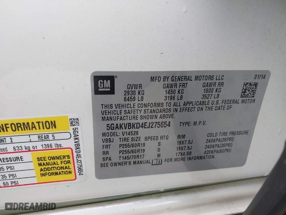 2014 Buick Enclave Leather with VIN 5GAKVBKD4EJ275654, listed as a IAAI auction lot 41536177 with 155,064 mi miles. Bid and sale history available at carsss.com. Image 9.