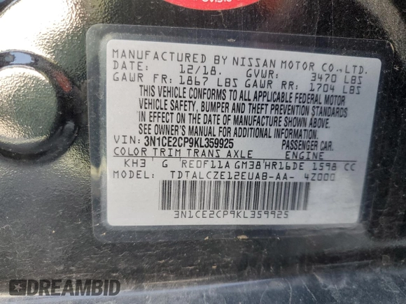 2019 Nissan Note SV with VIN 3N1CE2CP9KL359925, listed as a Copart auction lot 53398065 with 64,309 mi miles and Salvage title. Bid and sale history available at DreamBid. Image 12.