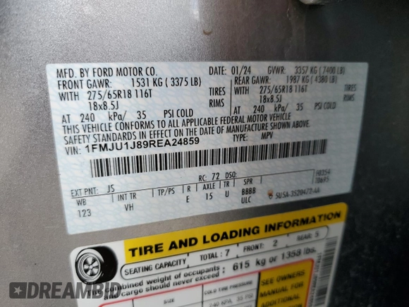 2024 Ford Expedition XLT with VIN 1FMJU1J89REA24859, listed as a Copart auction lot 53959425 with 42,684 mi miles and Salvage title. Bid and sale history available at DreamBid. Image 13.