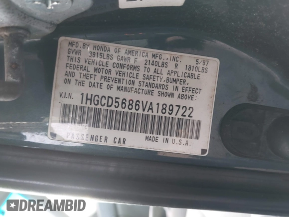1997 Honda Accord Value with VIN 1HGCD5686VA189722, listed as a IAAI auction lot 41494380 with 205,514 mi miles and . Bid and sale history available at carsss.com. Image 9.