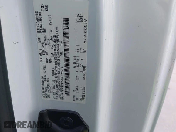 2016 Ford F-150 XL с VIN 1FTEX1CF0GKE75914, выставлен на аукционе IAAI как лот 42030836 с пробегом 157 118 миль миль и . История ставок и продаж доступна на DreamBid. Изображение 9.