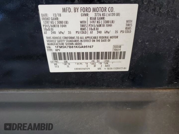 2019 Ford Explorer с VIN 1FM5K7B81KGA95167, выставлен на аукционе Copart как лот 46086695 с пробегом 48 326 миль миль и На запчасти • Non repairable. История ставок и продаж доступна на DreamBid. Изображение 13.