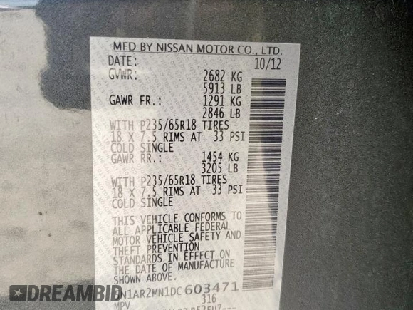 2013 Nissan Pathfinder S with VIN 5N1AR2MN1DC603471, listed as a Copart auction lot 61992725 with 126,343 mi miles and Clean title. Bid and sale history available at DreamBid. Image 13.