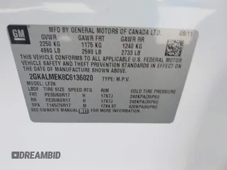 2012 GMC Terrain SLE-1 with VIN 2GKALMEK8C6136020, listed as a IAAI auction lot 42516811 with 112,544 mi miles and . Bid and sale history available at DreamBid. Image 9.