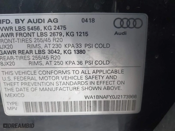 2018 Audi Q5 Premium Plus with VIN WA1BNAFY0J2173966, listed as a IAAI auction lot 41641191 with 106,909 mi miles. Bid and sale history available at carsss.com. Image 9.