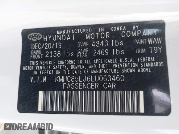 2020 Hyundai Ioniq Limited with VIN KMHC85LJ6LU063460, listed as a IAAI auction lot 42228525 with 31,899 mi miles and . Bid and sale history available at DreamBid. Image 9.