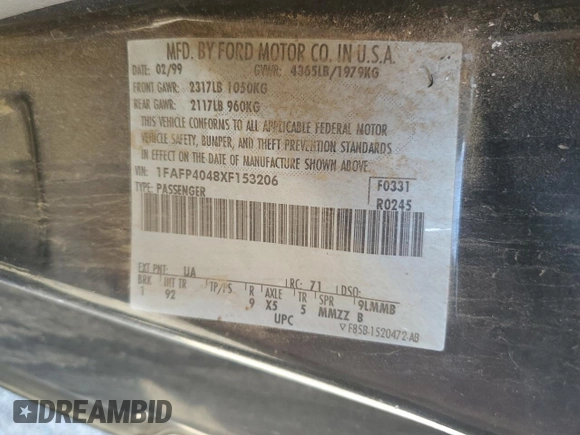 1999 Ford Mustang with VIN 1FAFP4048XF153206, listed as a Copart auction lot 45626205 with Not provided miles and Salvage title. Bid and sale history available at DreamBid. Image 12.